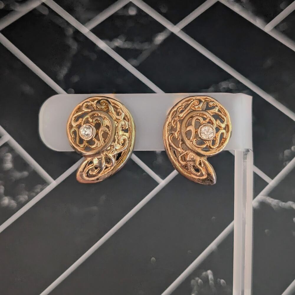 Vintage Clip On Earrings Gold Tone Spiral Shell with Clear Gem - Fair Condition